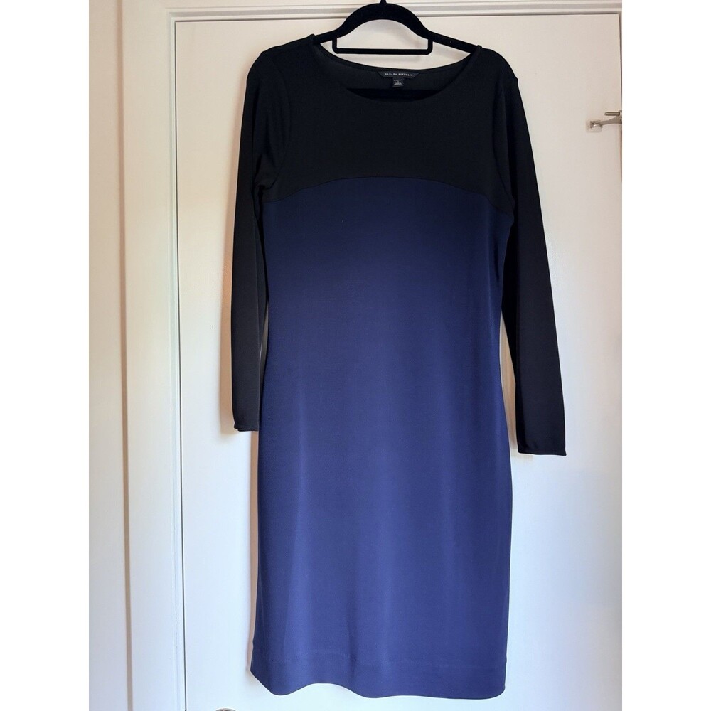 Banana Republic Colorblock Dress Navy Black Long Sleeve Sheath Midi Size 6